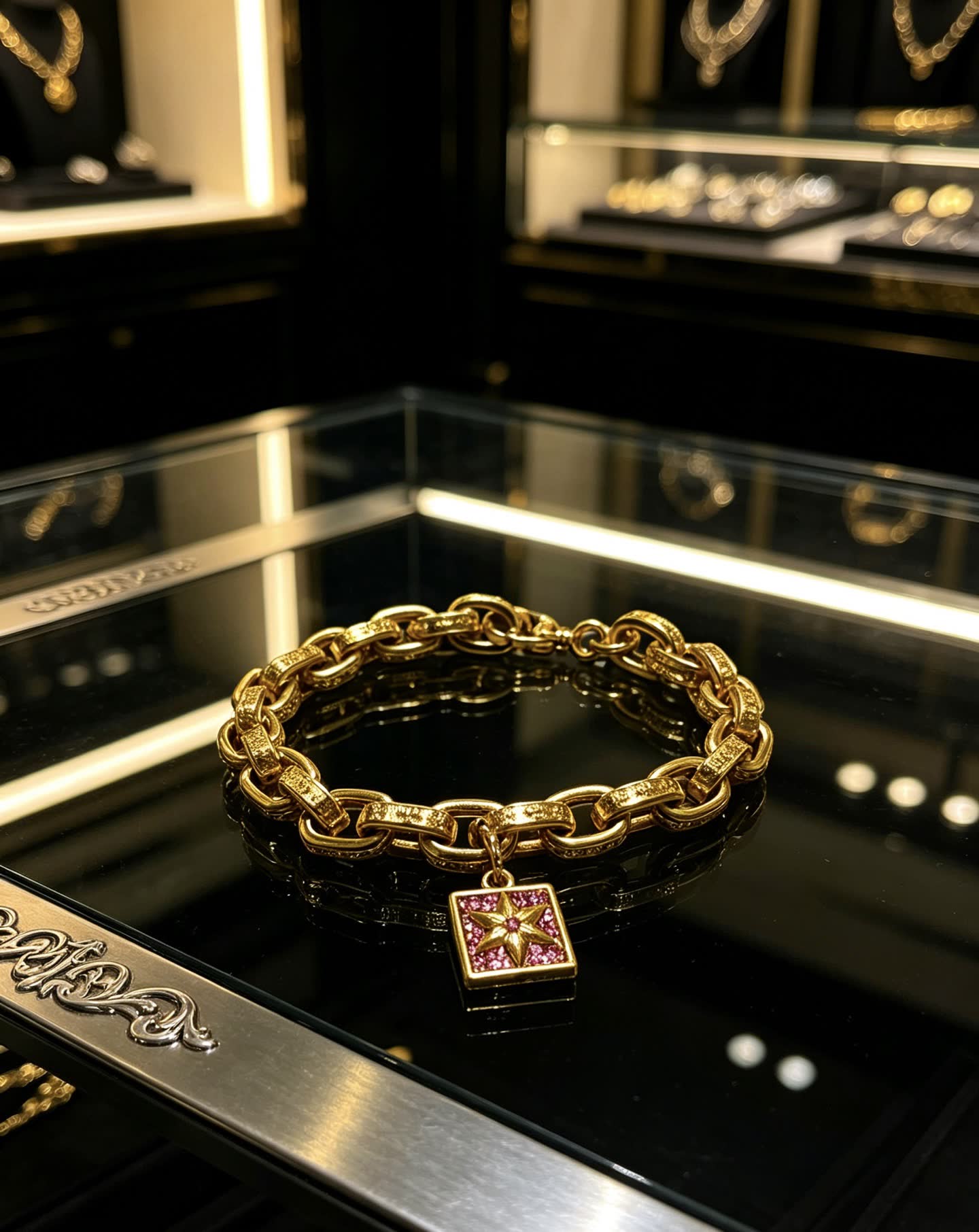 Chrome Hearts Gold Tone Bracelet with Pink Crystal Charm